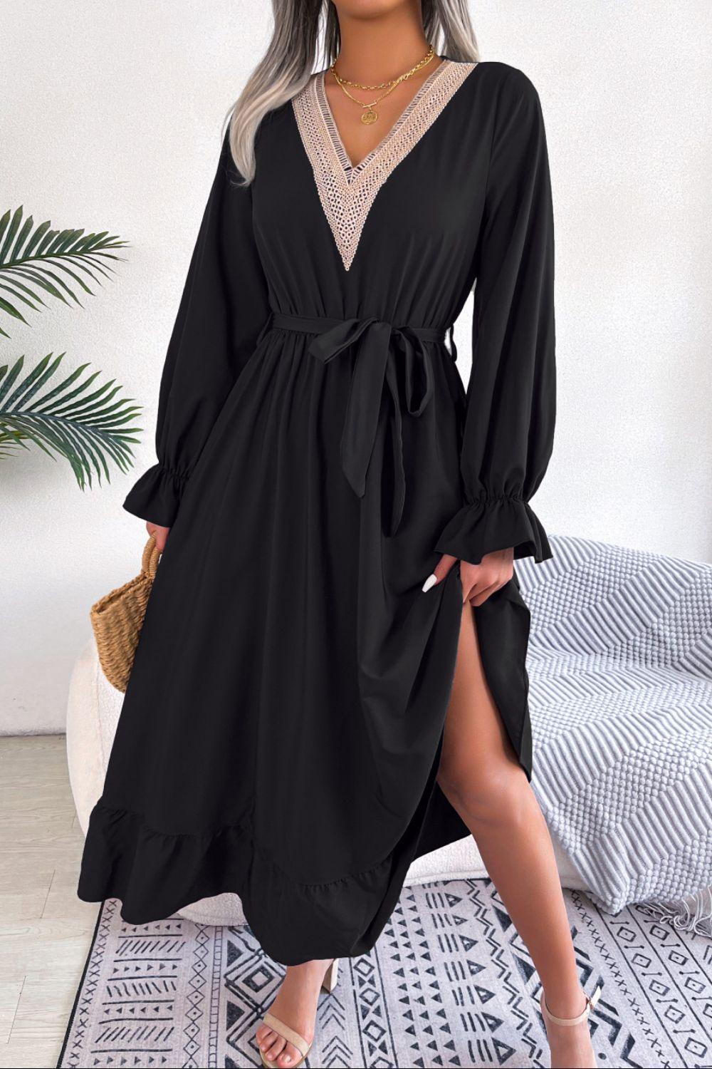 Contrast Belted Flounce Sleeve Dress - ClubOn