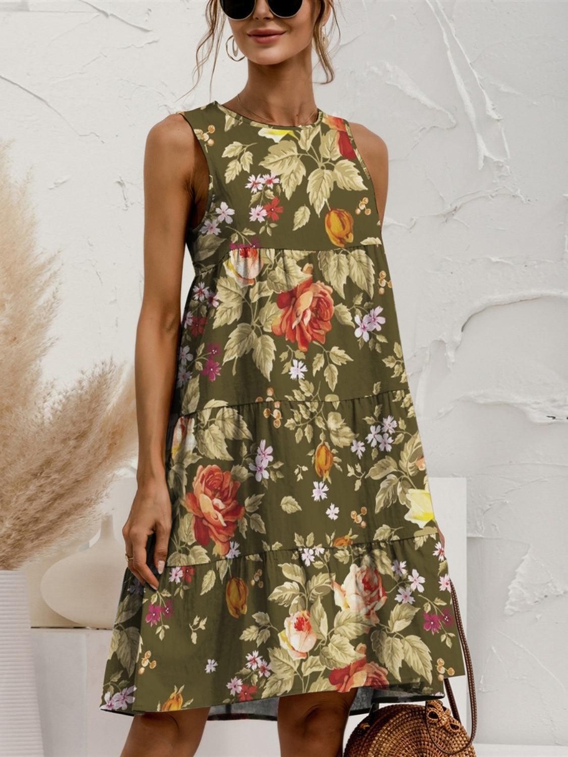 FAM-FAM Tiered Printed Round Neck Sleeveless Dress - ClubOn