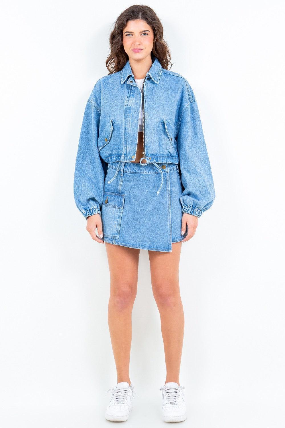 American Bazi Drawstring Waist Crop Denim Jacket - ClubOn