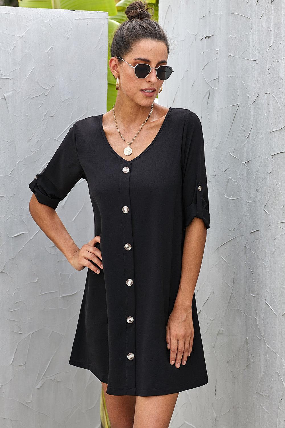 Buttoned V-Neck Dress - ClubOn