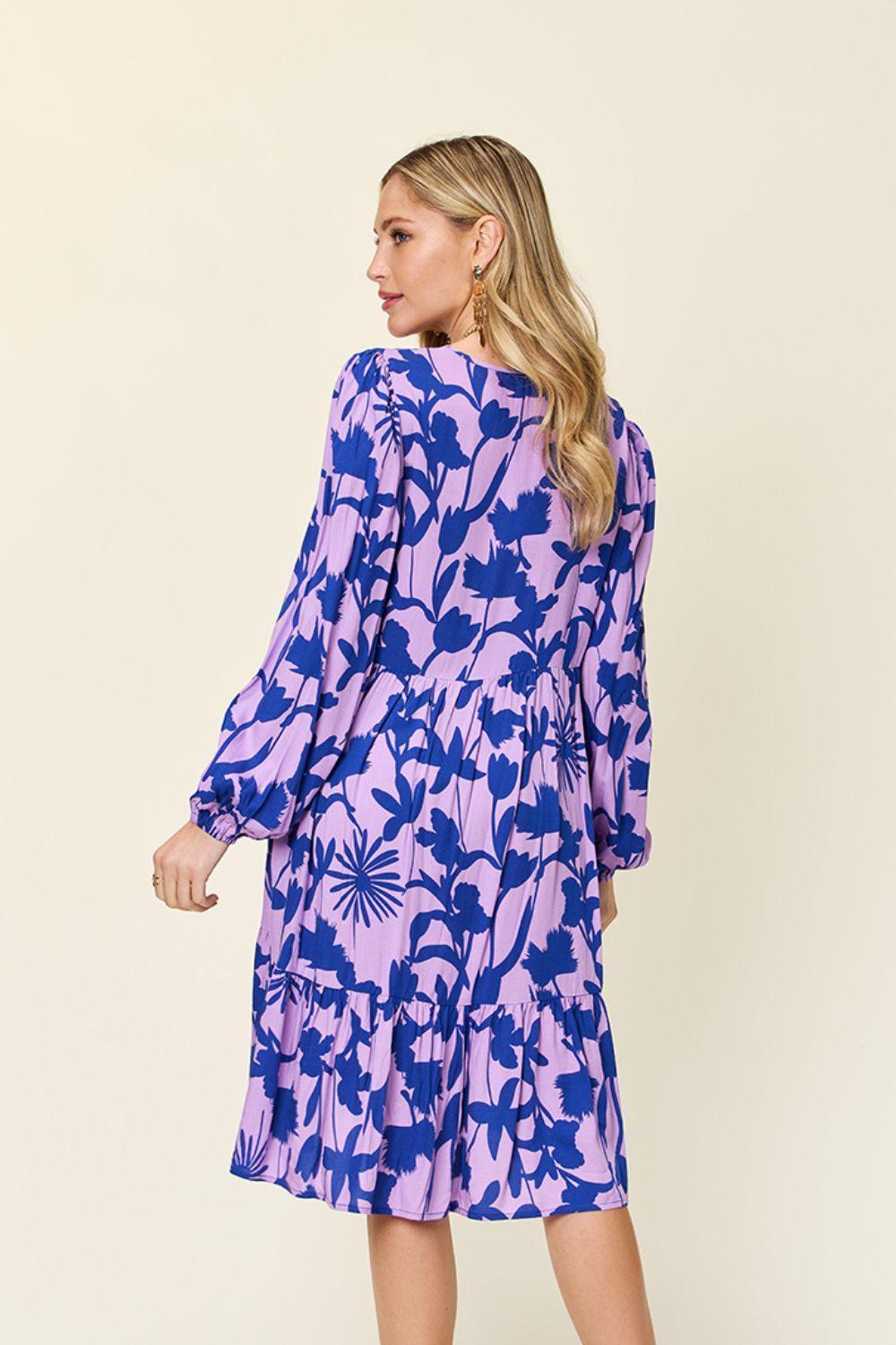 Double Take Full Size Printed Ruffle Hem Dress with Pocket - ClubOn