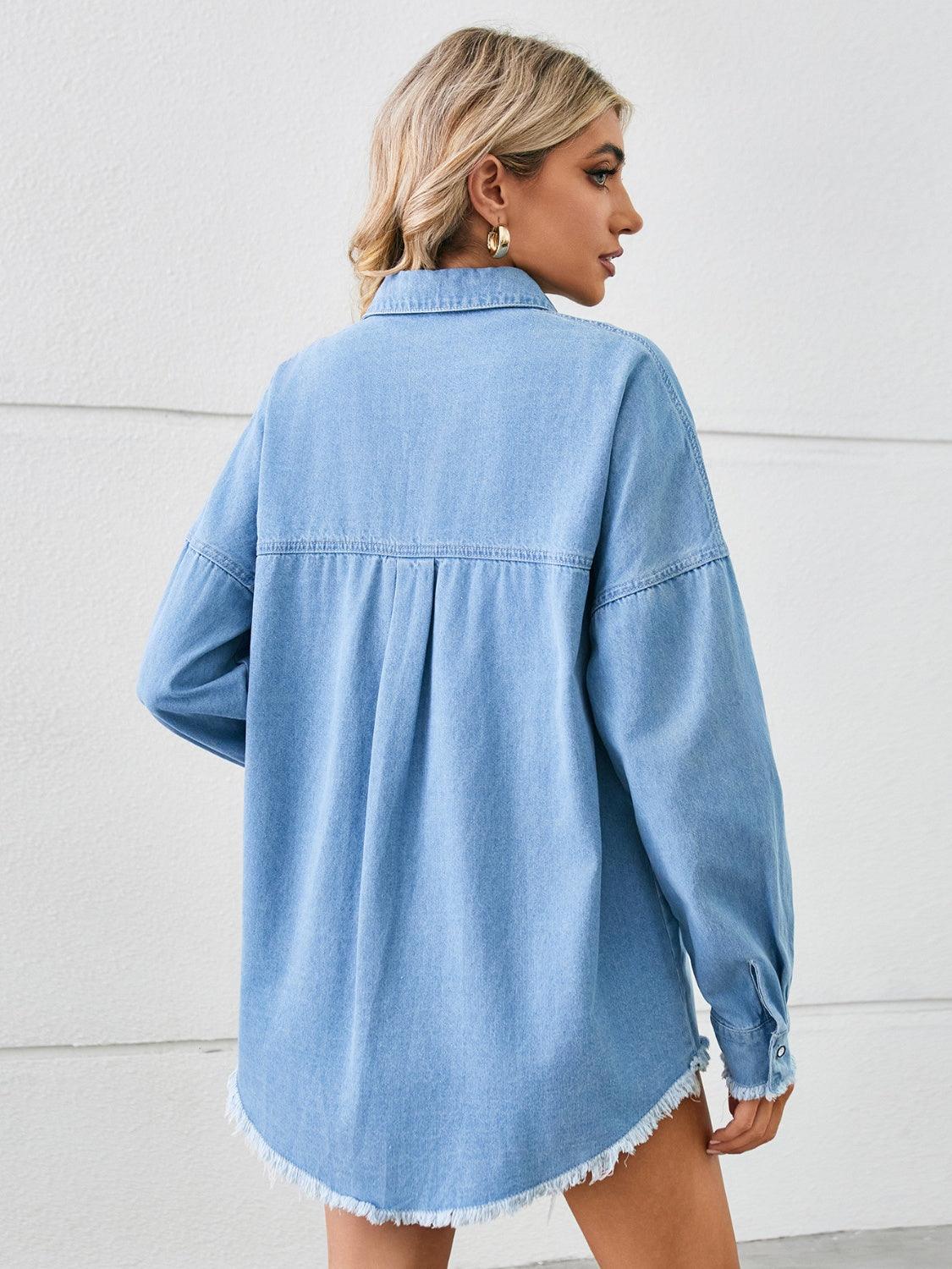 Distressed Raw Hem Dropped Shoulder Denim Jacket - ClubOn