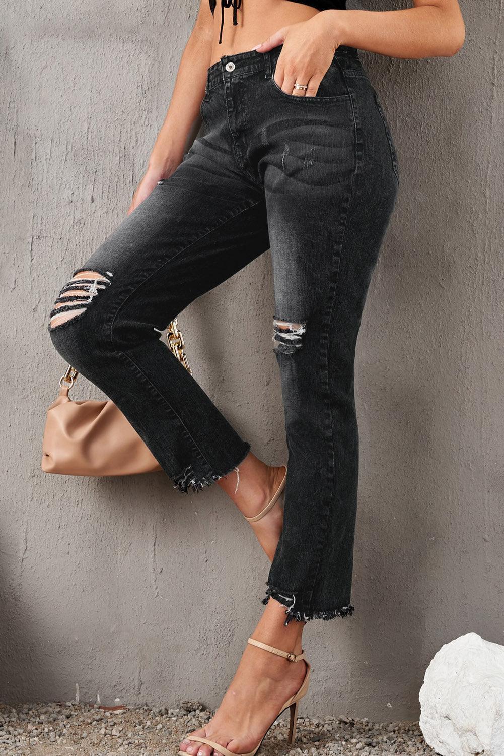 Stylish Distressed Cropped Jeans - ClubOn