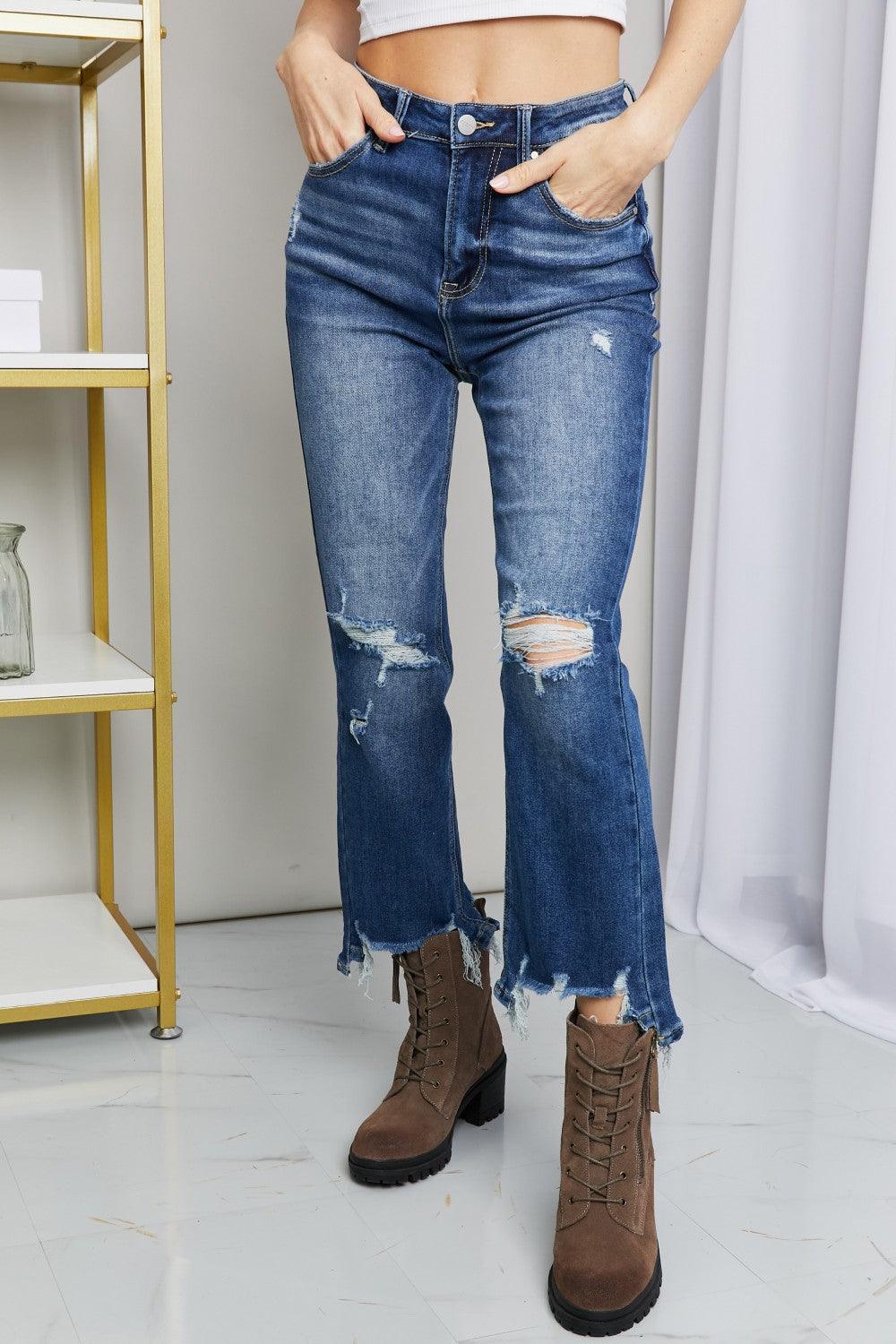 RISEN Frayed Hem Distressed Cropped Jeans - ClubOn