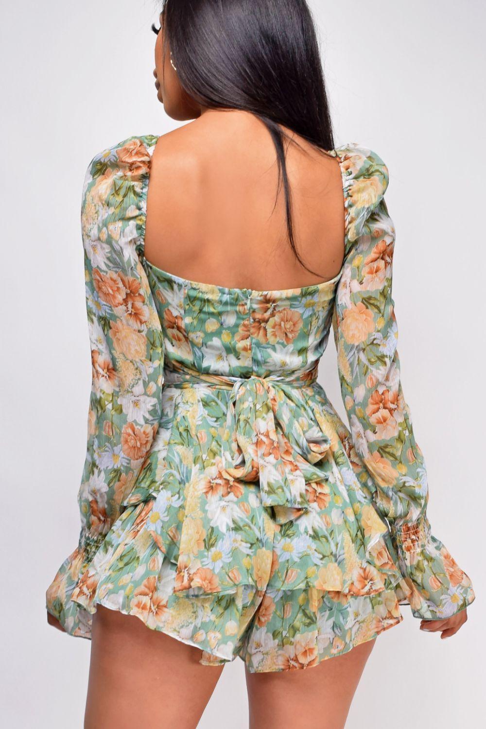 Floral Sweetheart Neck Flounce Sleeve Romper - ClubOn