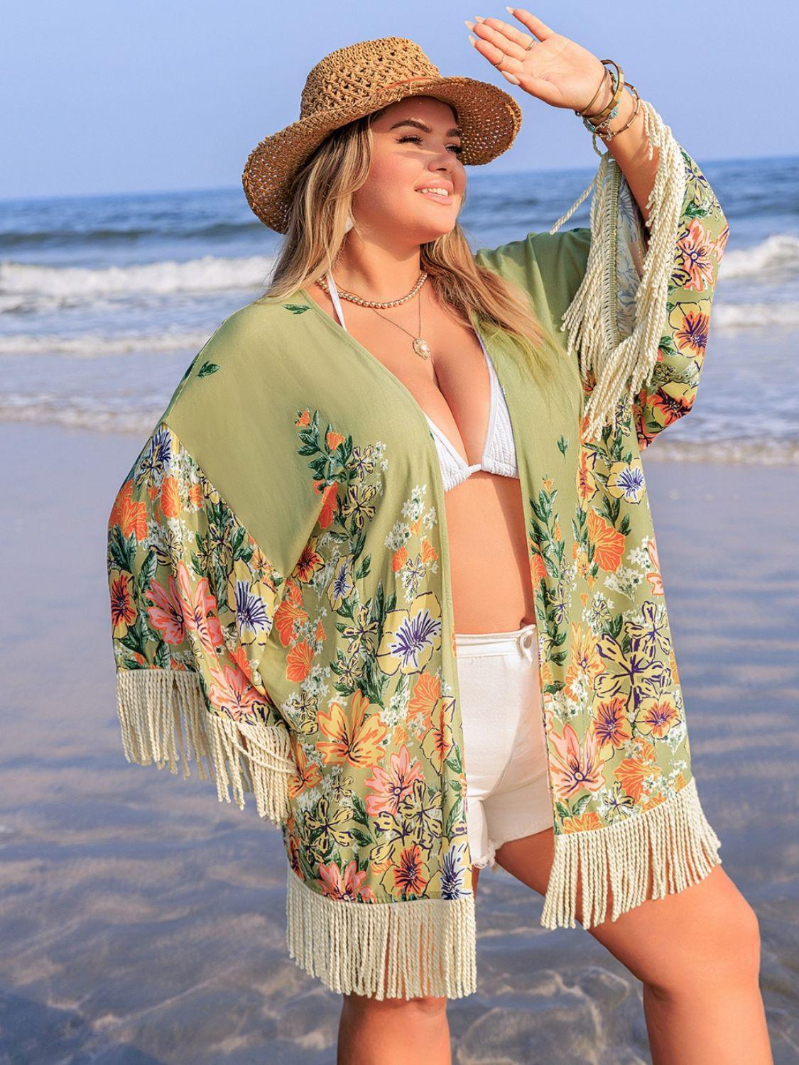 Plus Size Fringe Open Front Cover-Up - ClubOn