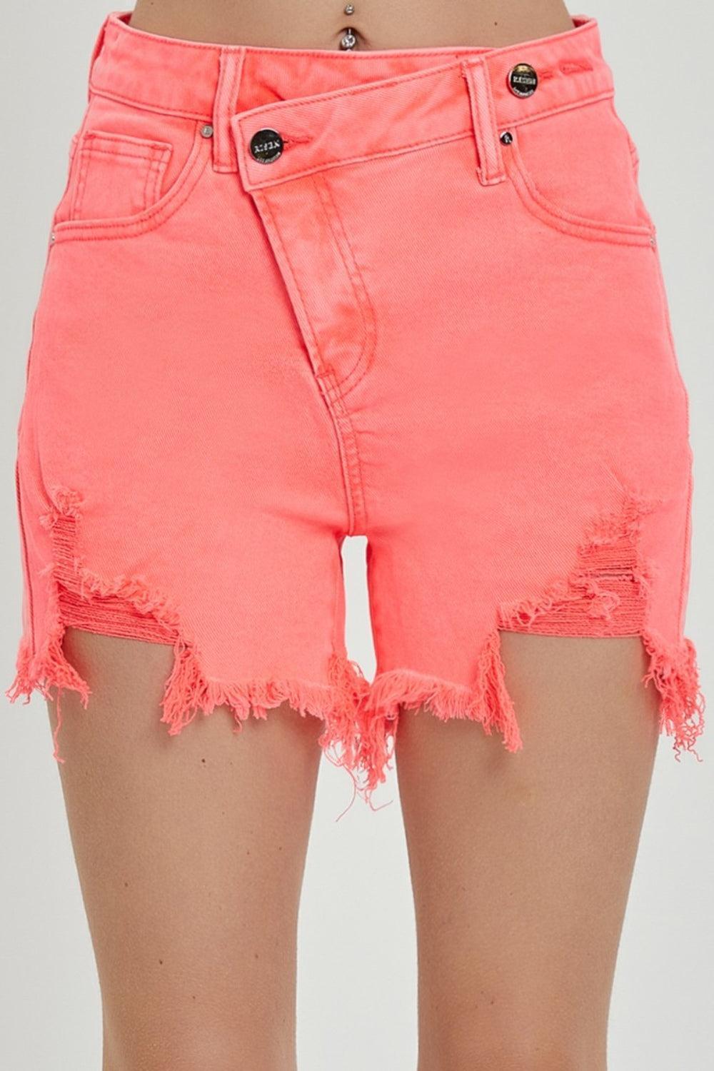 RISEN Raw Hem Asymmetrical Waist Denim Shorts - ClubOn