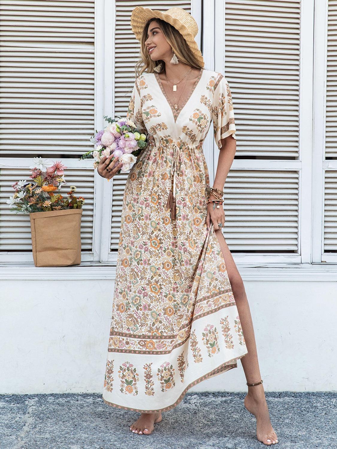 Drawstring Printed Plunge Half Sleeve Dress - ClubOn