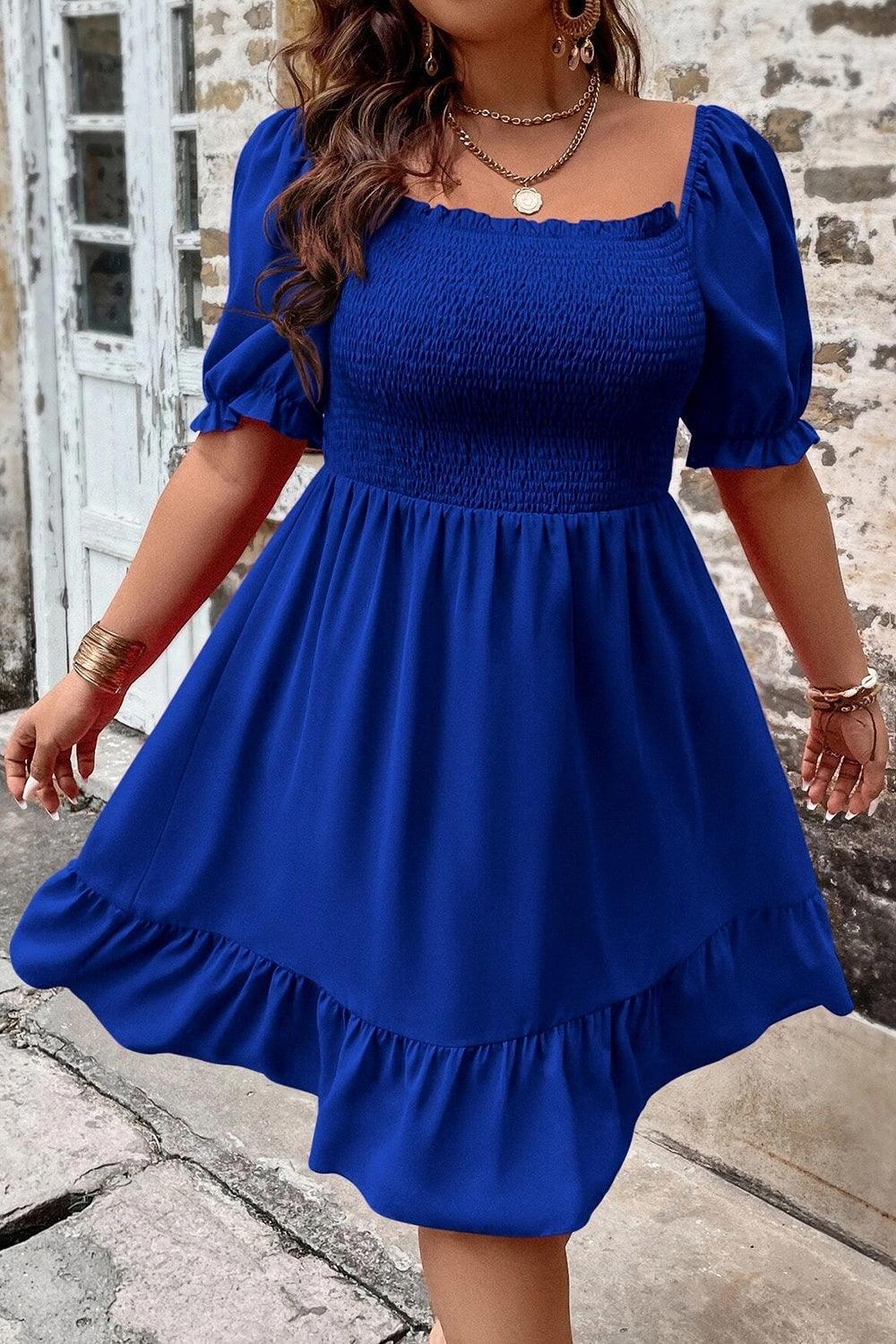 Plus Size Smocked Square Neck Short Sleeve Dress - ClubOn