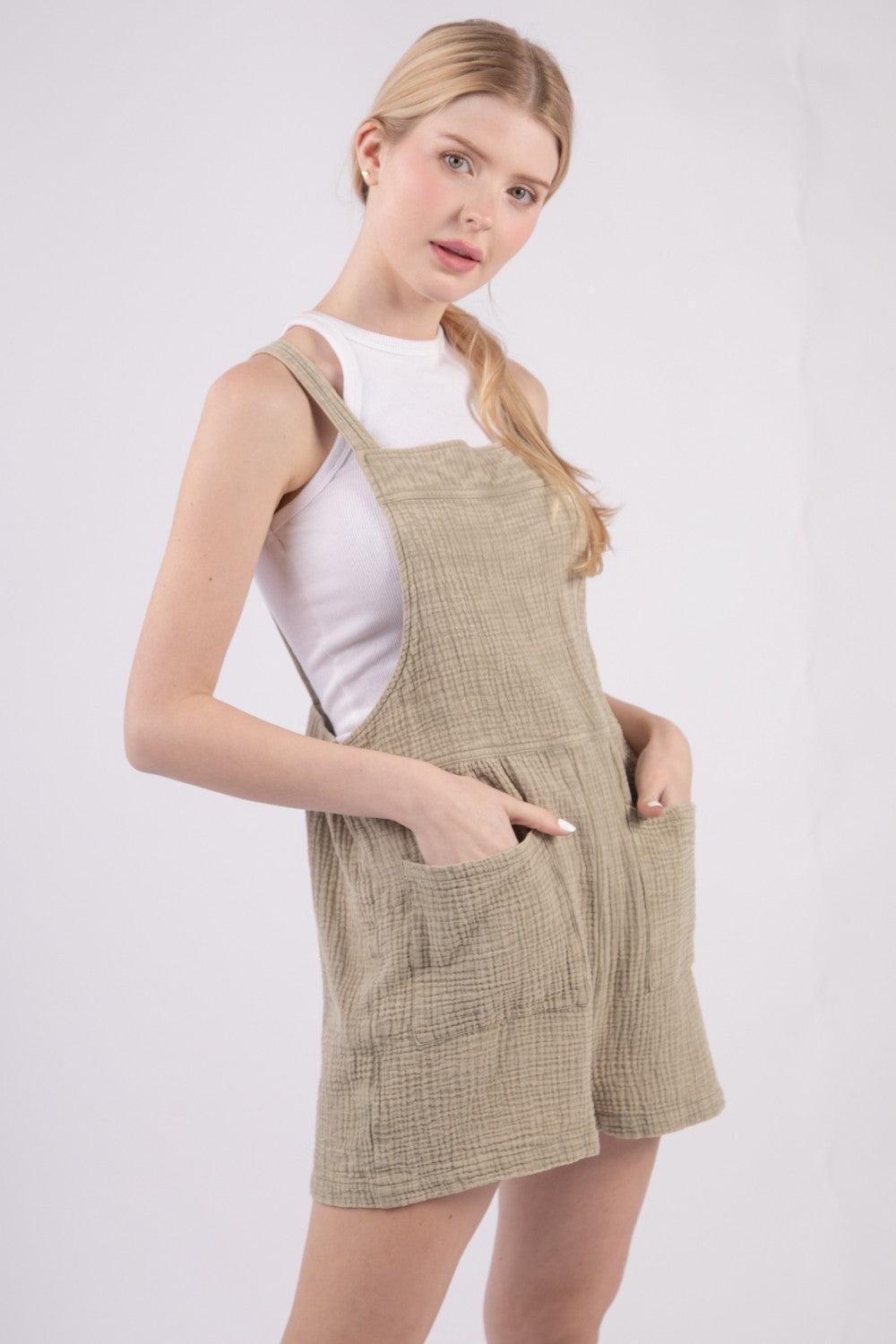 VERY J Sleeveless Double Gauze Overalls with Pockets - ClubOn