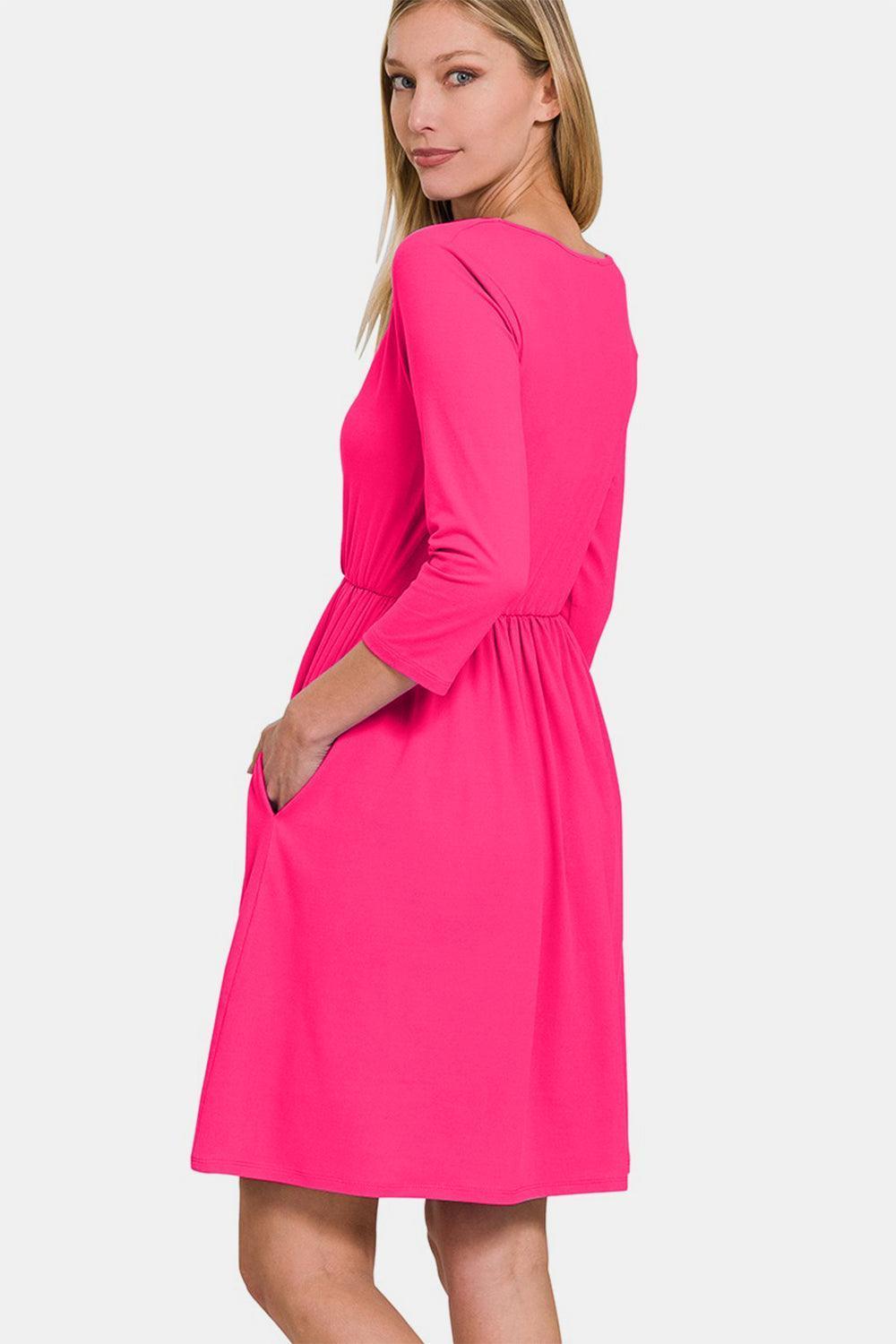 Zenana Three-Quarter Sleeve Surplice Dress with Pockets - ClubOn