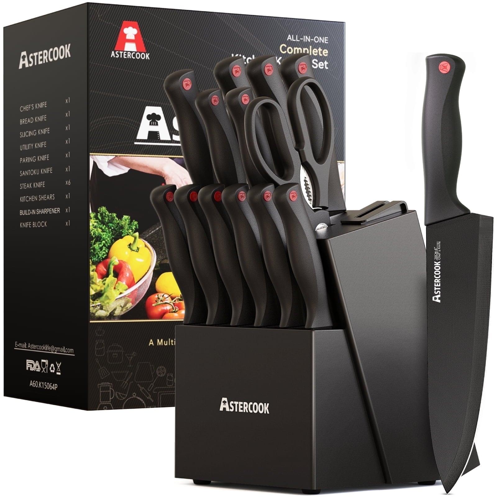 Astercook 15-Piece Kitchen Knife Set with Built-in Sharpener – German Stainless Steel, Anti-Rust Coating, Dishwasher Safe - ClubOn