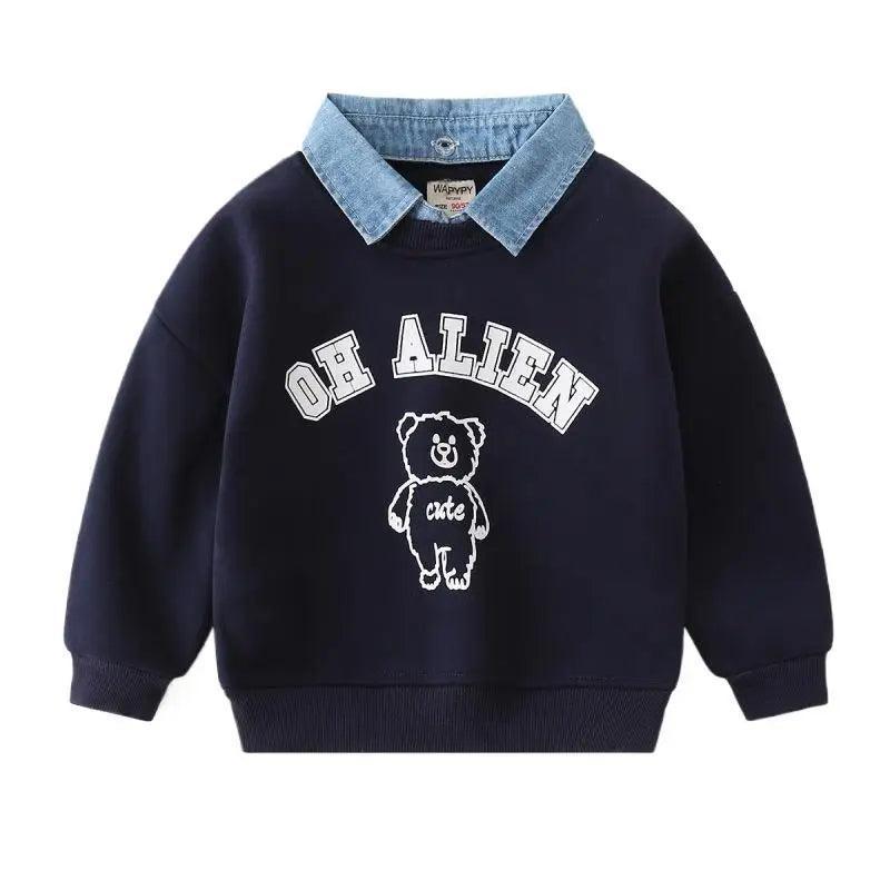 Cotton Bear Printed Fake Two-Piece Sweatshirt for Boys - ClubOn