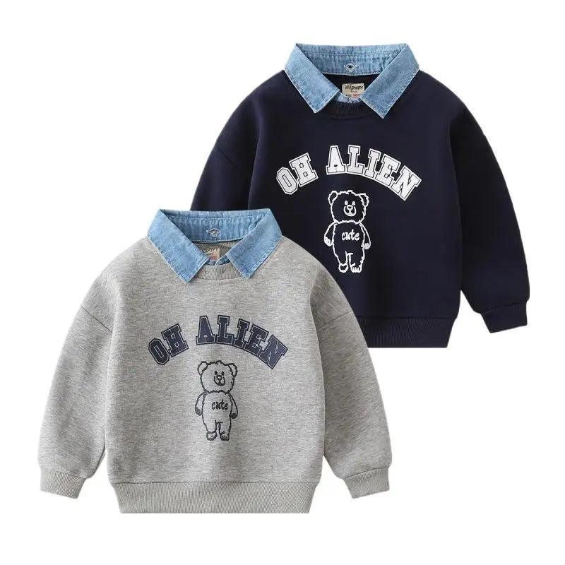 Cotton Bear Printed Fake Two-Piece Sweatshirt for Boys - ClubOn