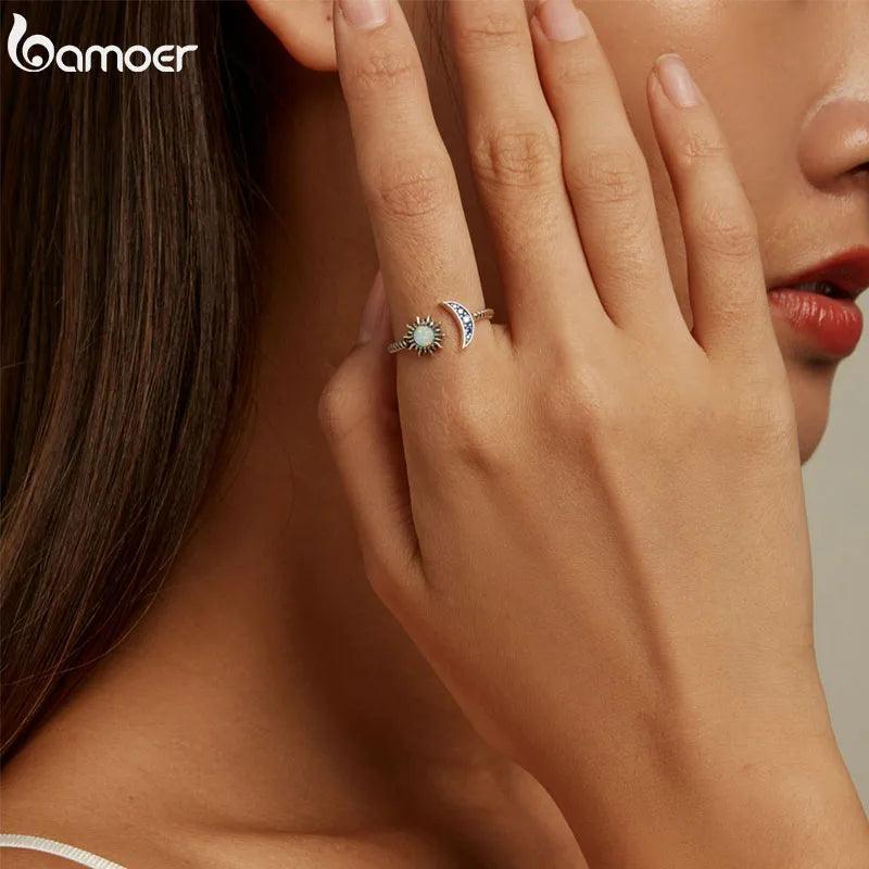 BAMOER 925 Sterling Silver Sun & Moon Opal Ring - ClubOn