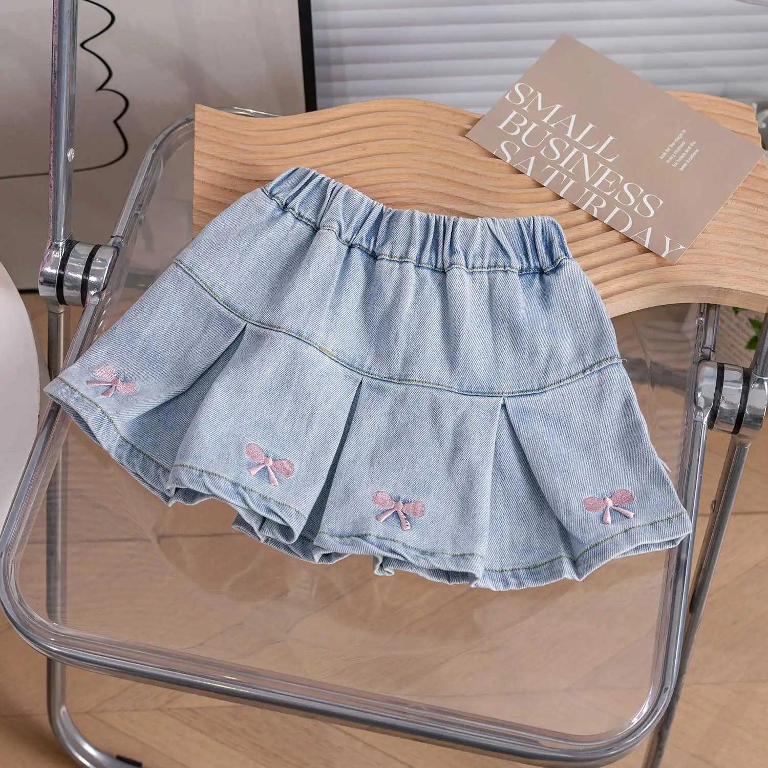 Girls' Denim Bow Embellished Pleated Skirt - ClubOn