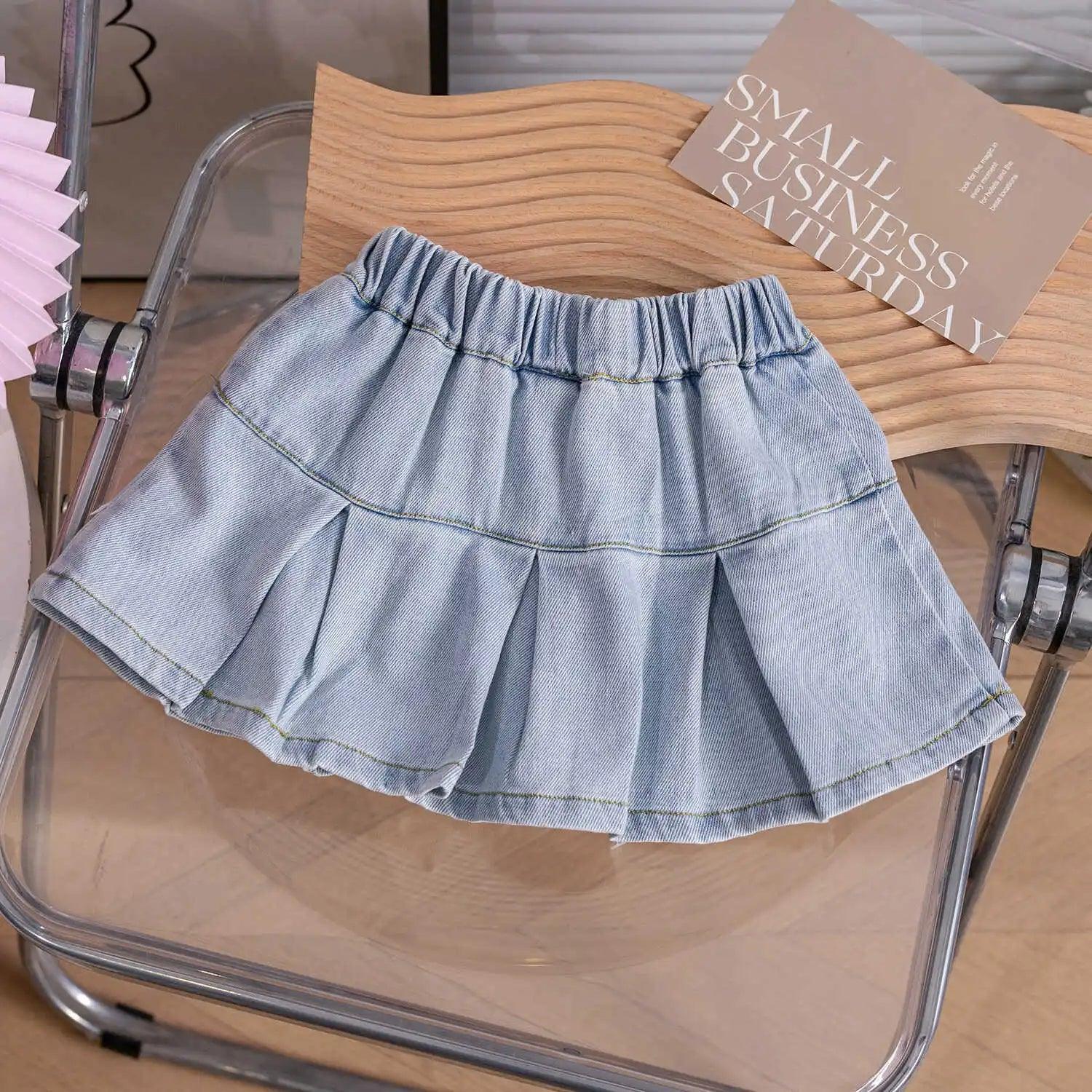 Girls' Denim Bow Embellished Pleated Skirt - ClubOn