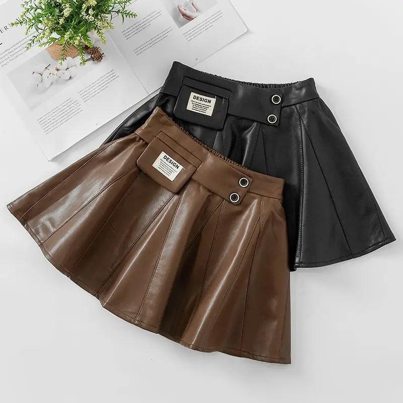 Trendy Faux Leather Pleated Skirt with Belt and Pocket Detail - ClubOn