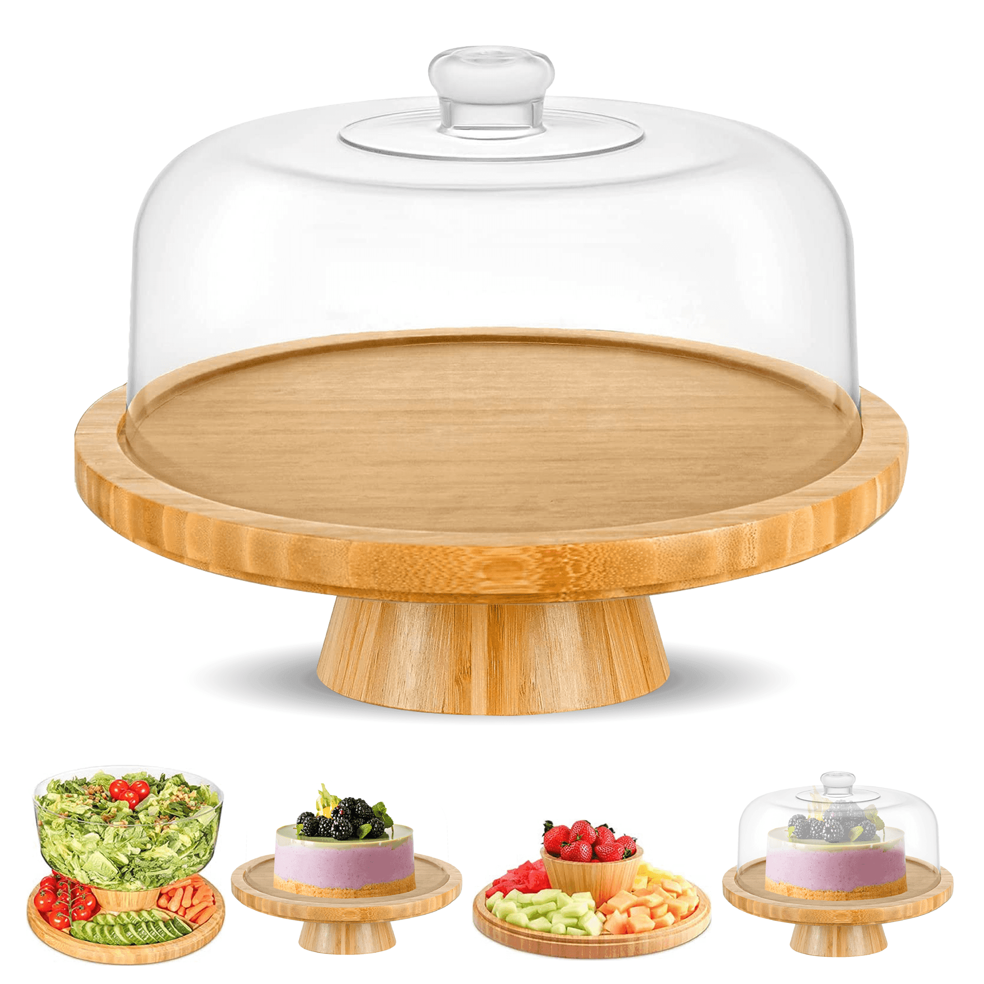 Bamboo Cake Stand with Dome Cover – 6 in 1 Multi-Function Cupcake Holder, 12.8" Round Veggie Stand & Salad Bowl, Rustic Display Platter - ClubOn