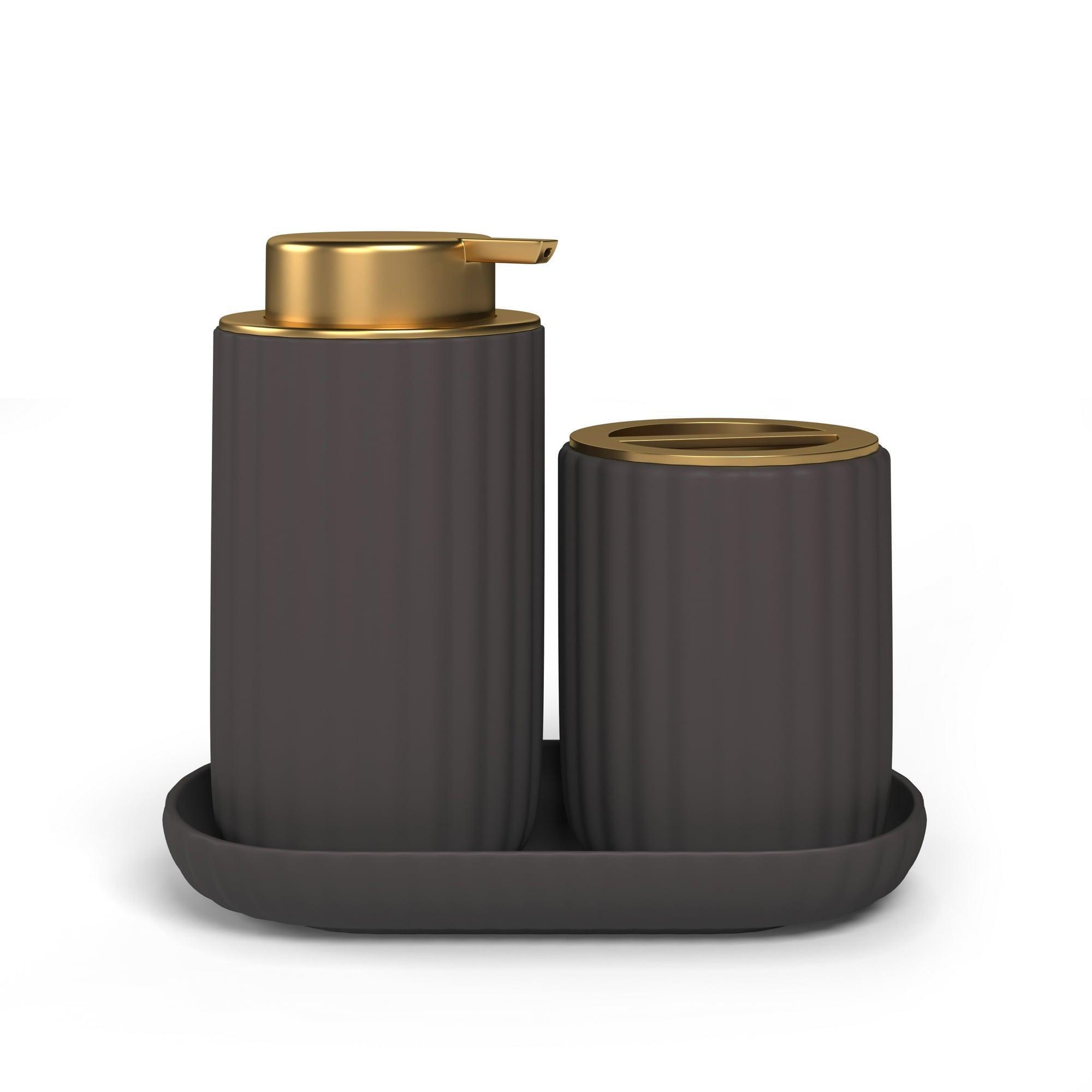 Beautiful Fluted Stoneware Bath Accessories 3-Piece Set by Drew Barrymore – Porcini Taupe - ClubOn