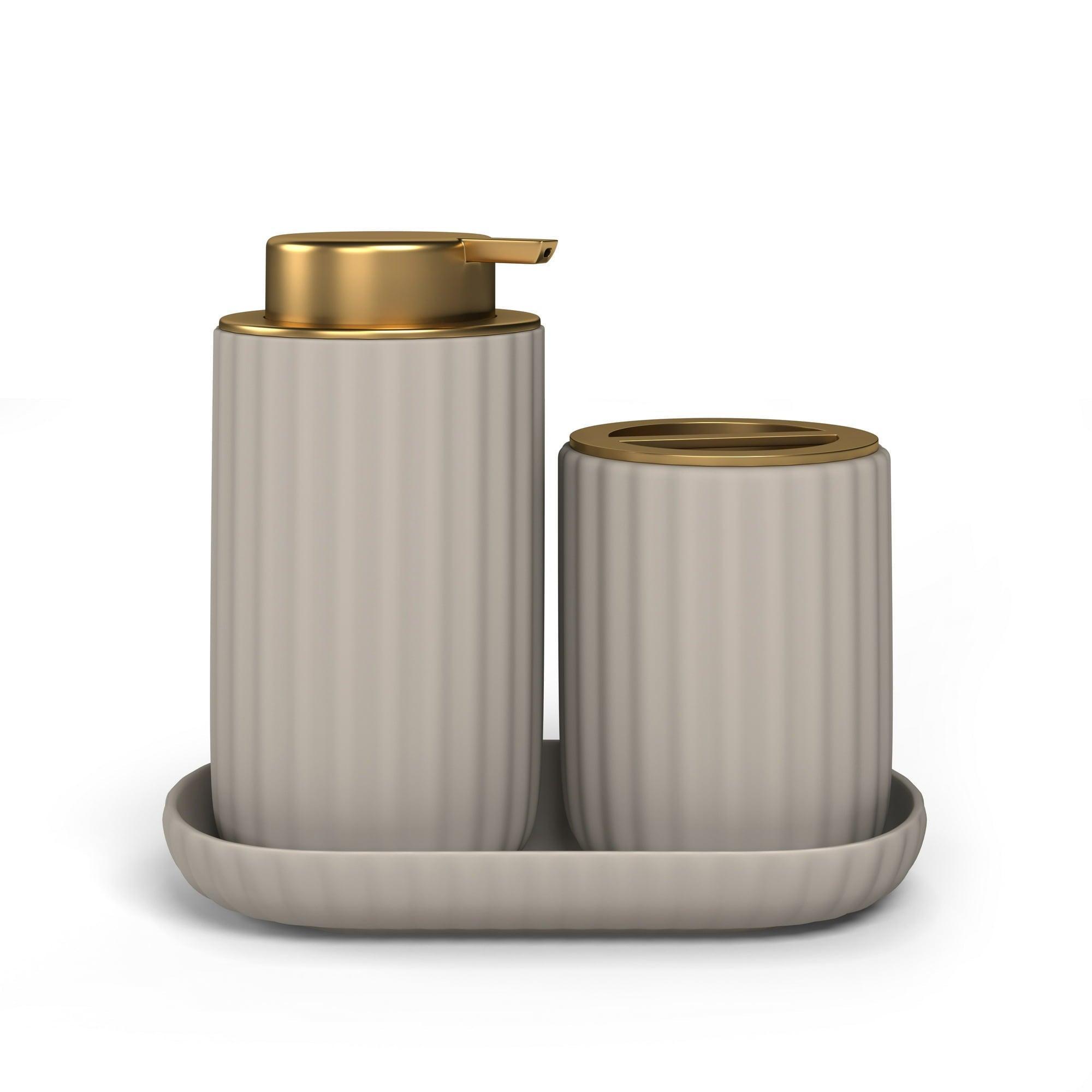 Beautiful Fluted Stoneware Bath Accessories 3-Piece Set by Drew Barrymore – Porcini Taupe - ClubOn