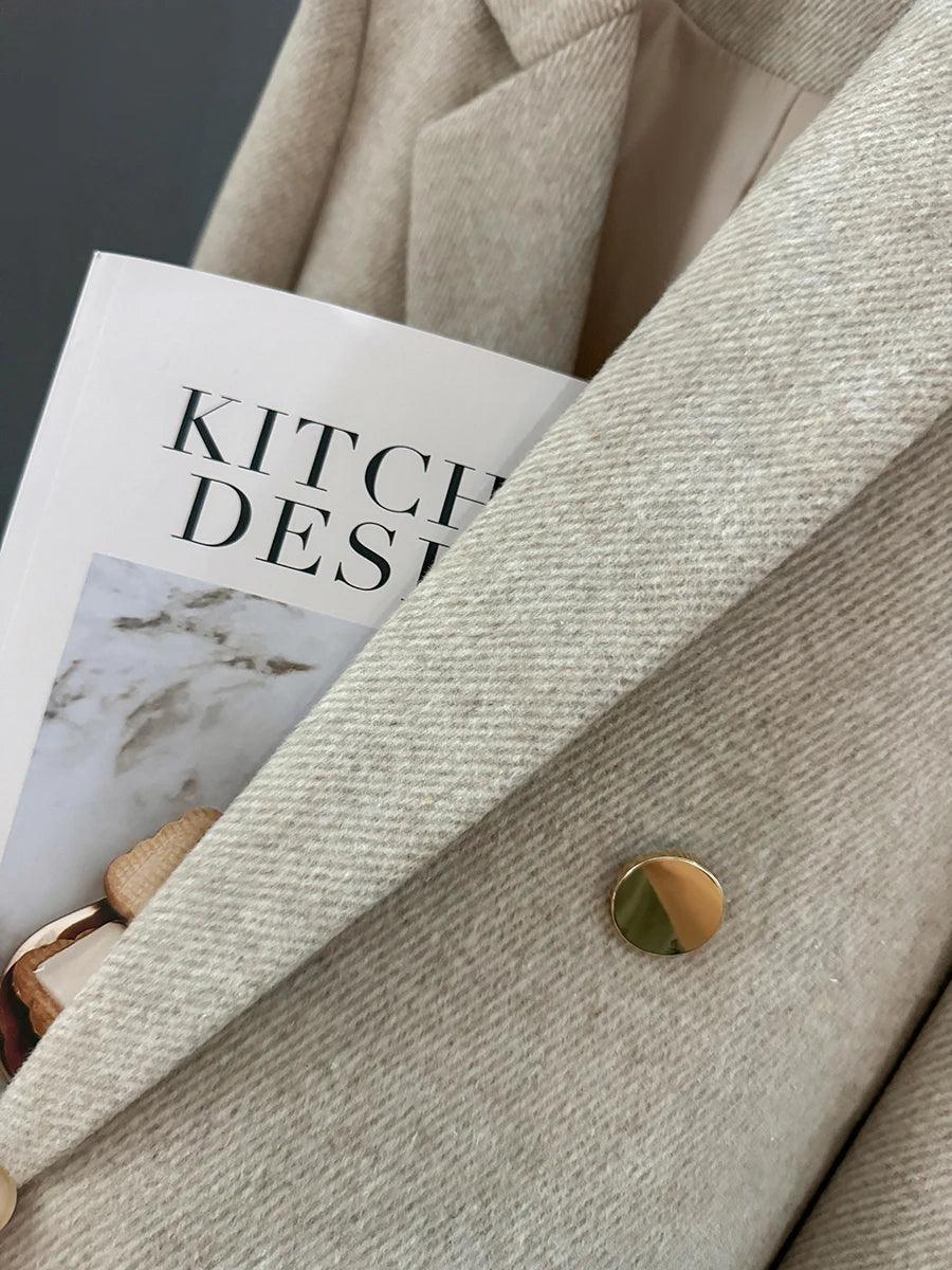 Beige Metal Button Wool Blazer Coat - Women’s Office Jacket - ClubOn