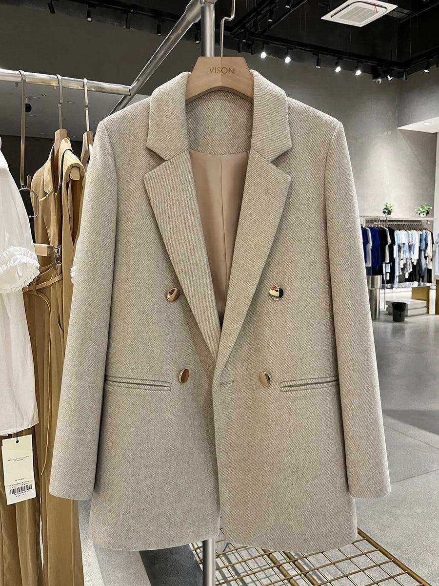 Beige Metal Button Wool Blazer Coat - Women’s Office Jacket - ClubOn