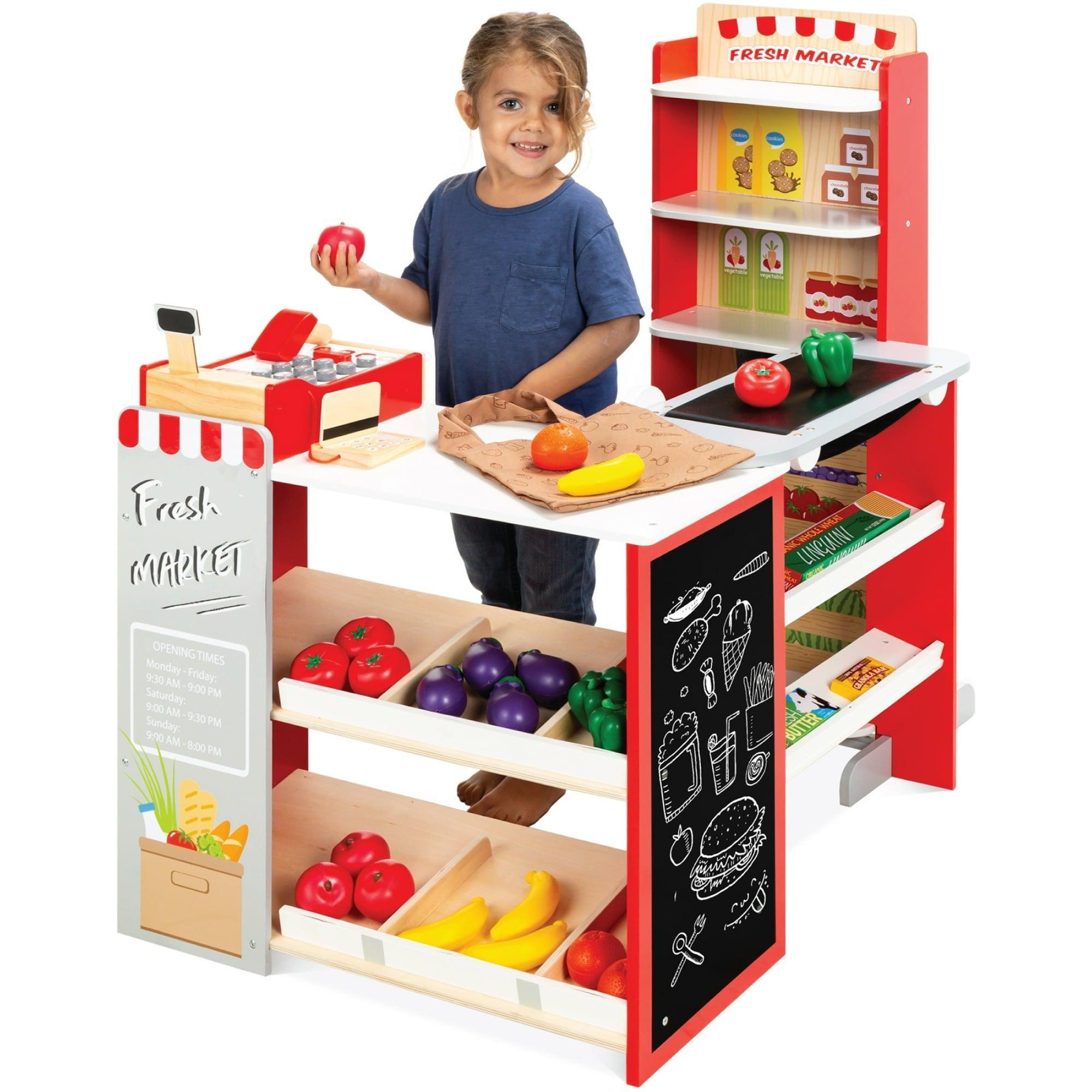 Best Choice Products Kids Pretend Play Grocery Store Wooden Supermarket Set with Chalkboard, Cash Register – Red - ClubOn