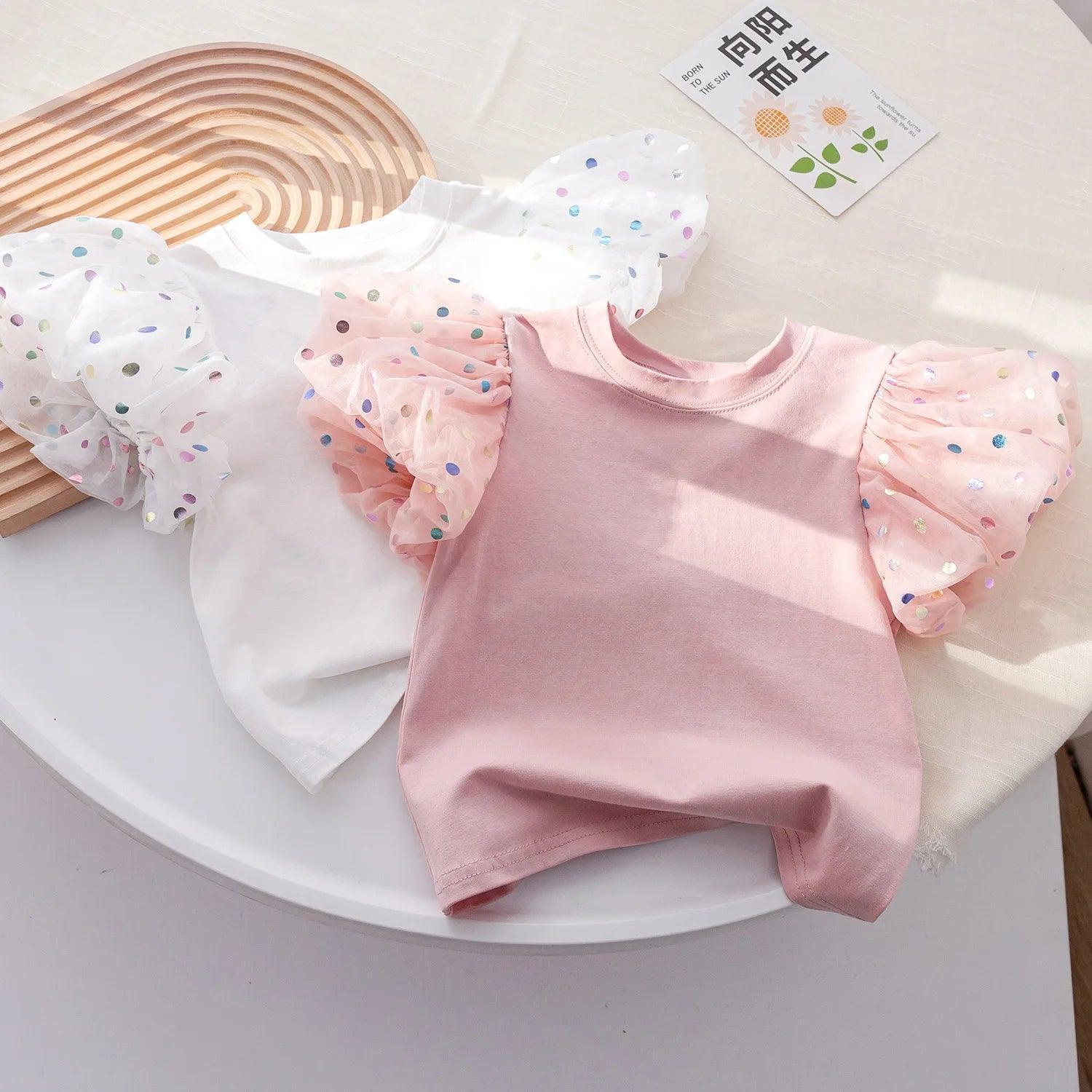 Summer Girls Puff Sleeve Polka Dot Cotton Top - ClubOn