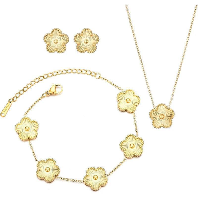 Clover Necklace, Earrings & Bracelet Set - 14K Gold Plated - ClubOn