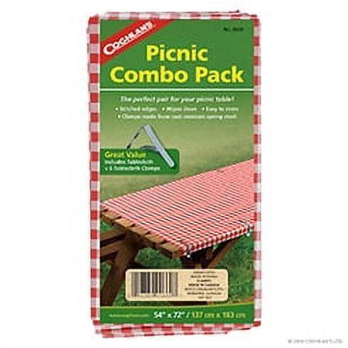 Coghlan's Picnic Combo Pack: Red & White Checkered Vinyl Tablecloth & 6 Stainless Steel Clamps (54” x 72”) - ClubOn