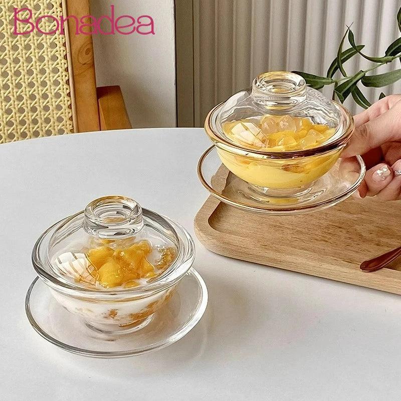 Creative Glass Bowl Set with Lid & Saucer - Dessert & Oatmeal - ClubOn