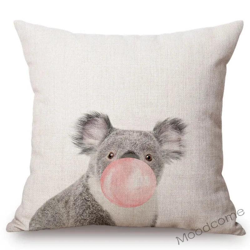 Pink Nordic Animal Pillowcase – Koala & Giraffe Blowing Balloons, Double-Sided Sofa Cushion - ClubOn