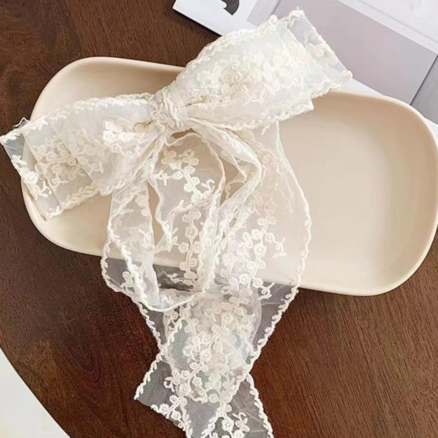 Elegant Lace Embroidery Bow Hair Clip – Solid Color Retro Headdress for Girls - ClubOn