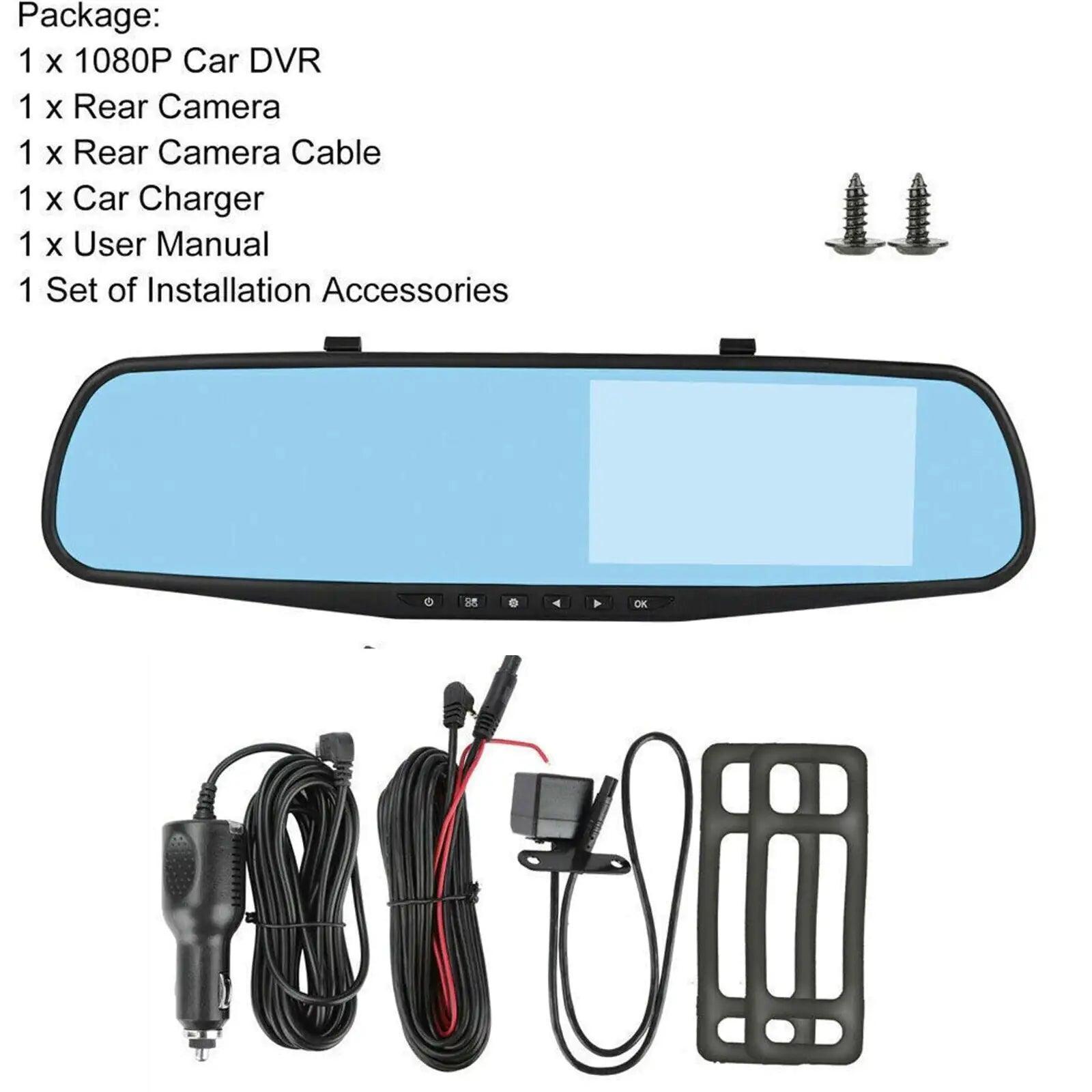1080P HD Rearview Mirror Car DVR Dual Dash Cam Camera Front Rear Video Recorder - ClubOn