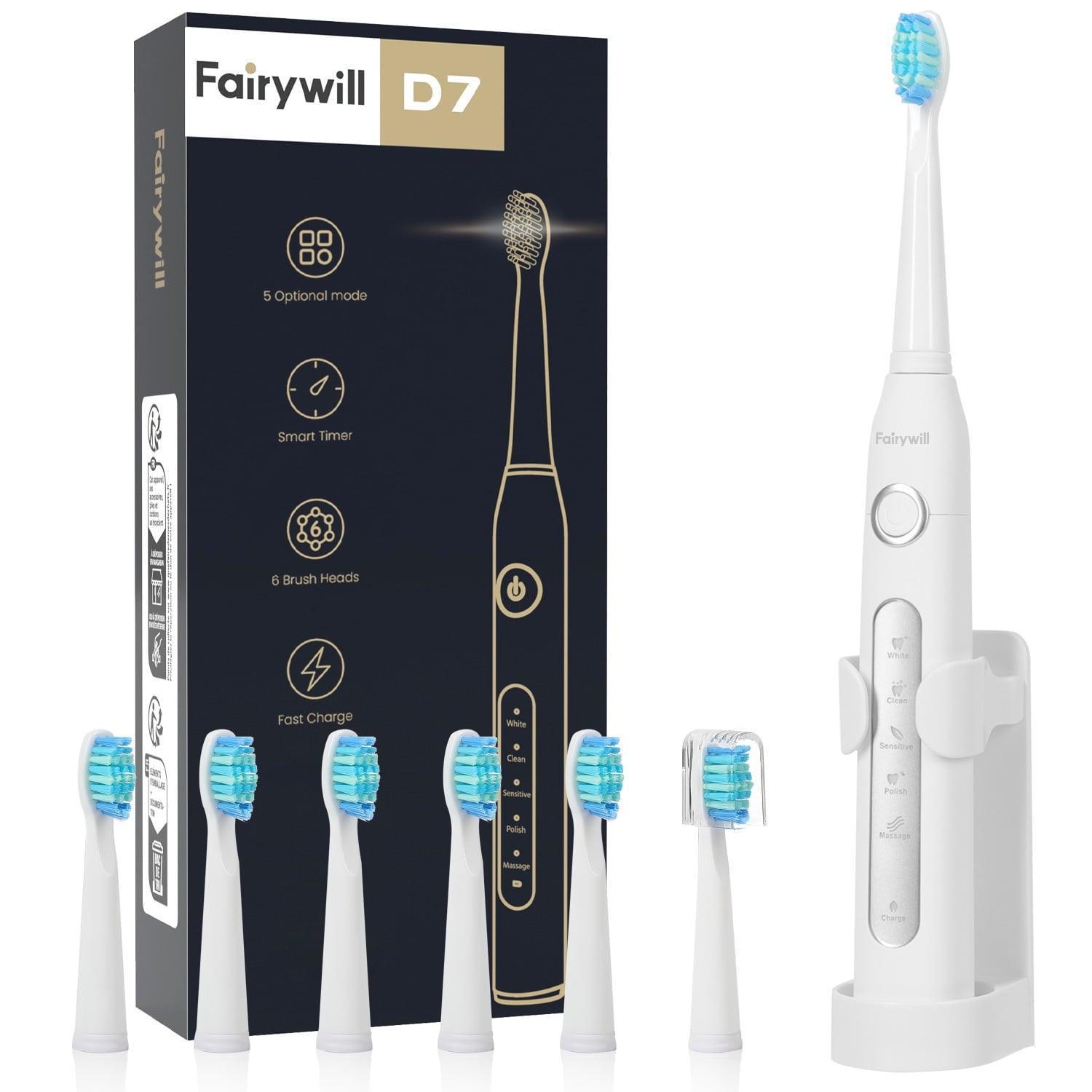 Fairywill Sonic Electric Toothbrush, 6 Brush Heads, IPX7 Waterproof, 5 Modes, 30 Days Battery Life - ClubOn