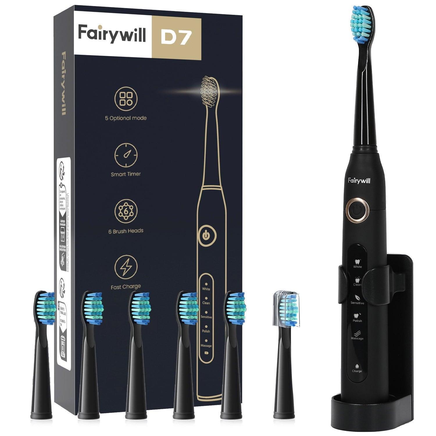 Fairywill Sonic Electric Toothbrush, 6 Brush Heads, IPX7 Waterproof, 5 Modes, 30 Days Battery Life - ClubOn