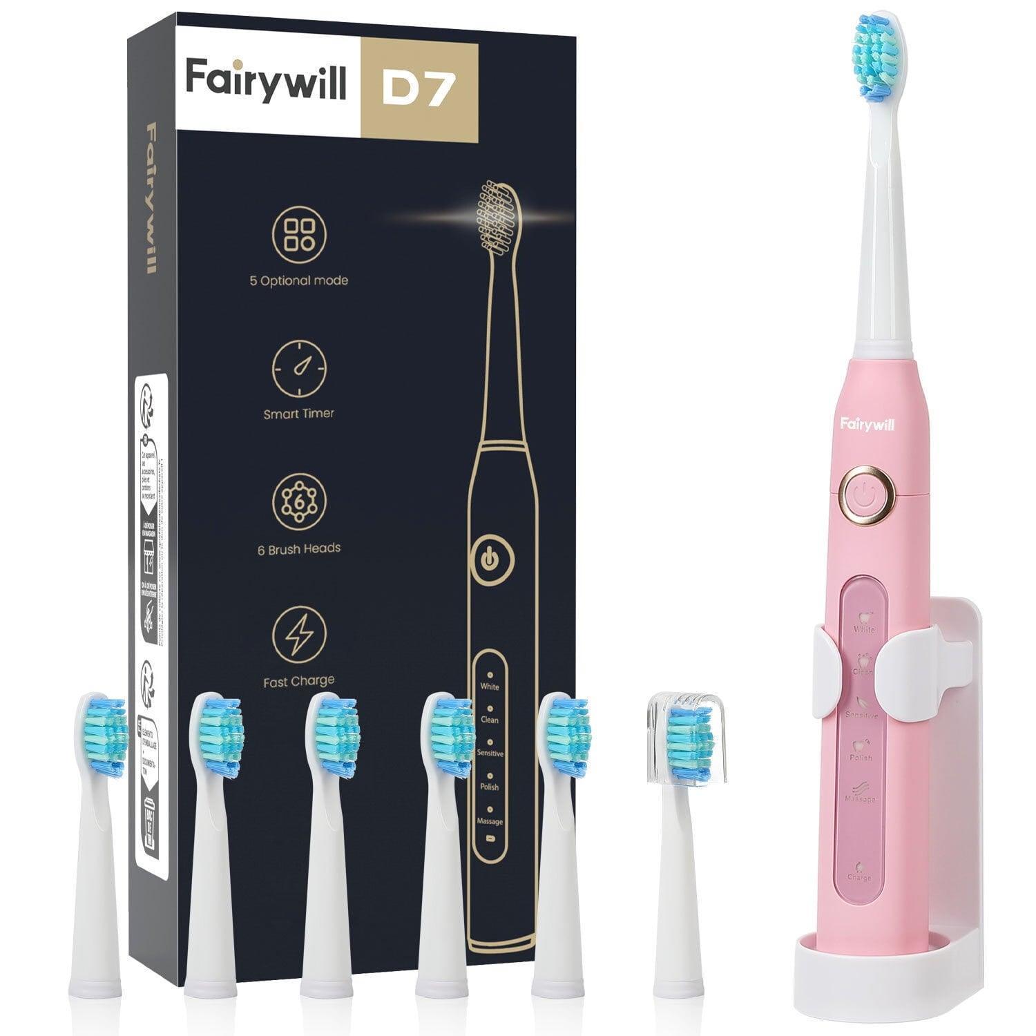 Fairywill Sonic Electric Toothbrush, 6 Brush Heads, IPX7 Waterproof, 5 Modes, 30 Days Battery Life - ClubOn
