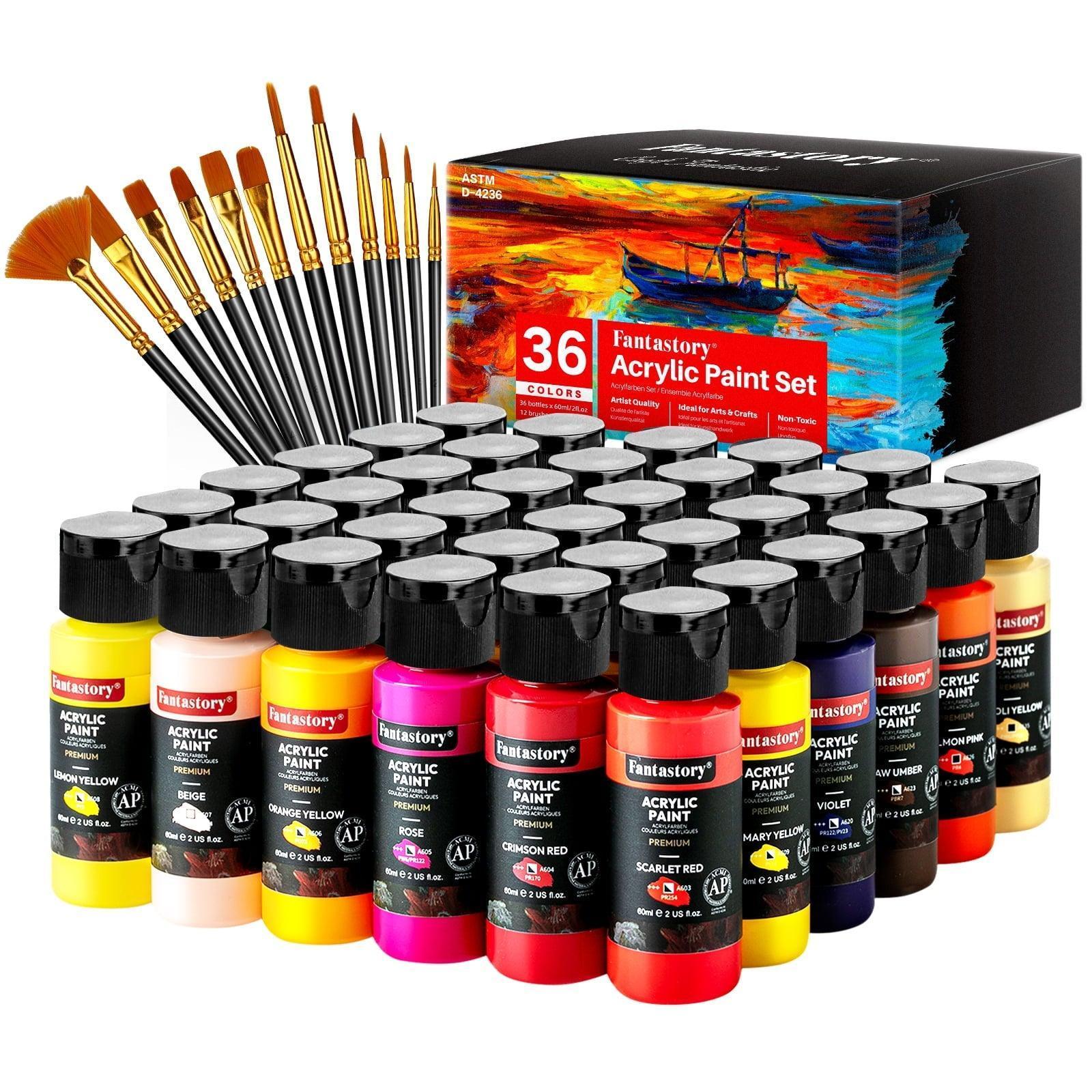 Fantastory Acrylic Paint Set, 36 Colors (2oz/60ml) with 12 Brushes – Professional Craft Thick Paint Kit - ClubOn