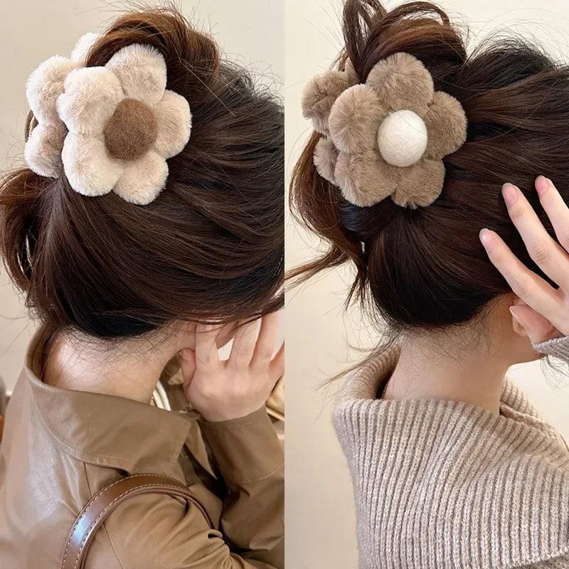 Fashionable Autumn & Winter Large Shark Clip – Plush Flower Hair Crab Claw Accessory - ClubOn