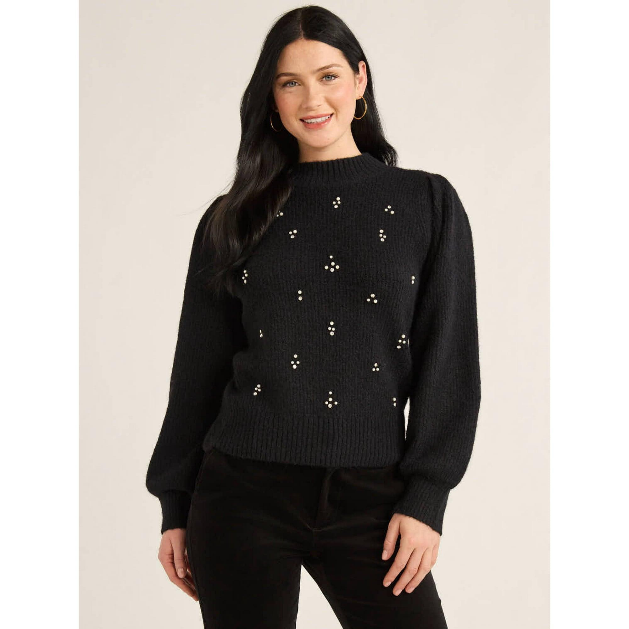 Free Assembly Women’s & Plus Beaded Sweater with Puff Sleeves, Midweight, Sizes XS-4X | Chic & Elegant Knit - ClubOn