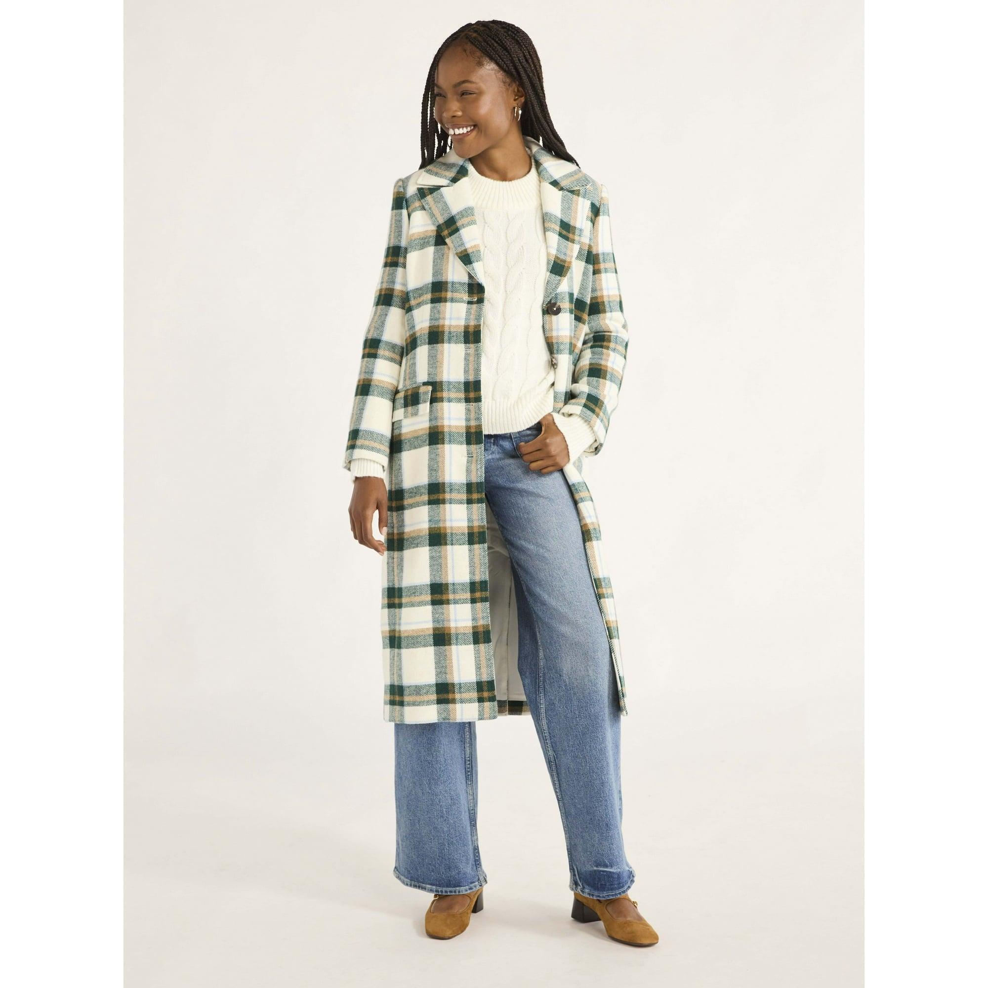 Free Assembly Women’s & Women's Plus Plaid Wool Blend Long Coat, Sizes XS-4X - ClubOn