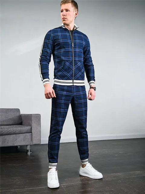 Men's Checkered Sportwear Set - Zipper Lapel Cardigan & Pants - ClubOn