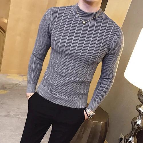 High Collar Striped Knit Pullover for Men - Casual Fashion - ClubOn