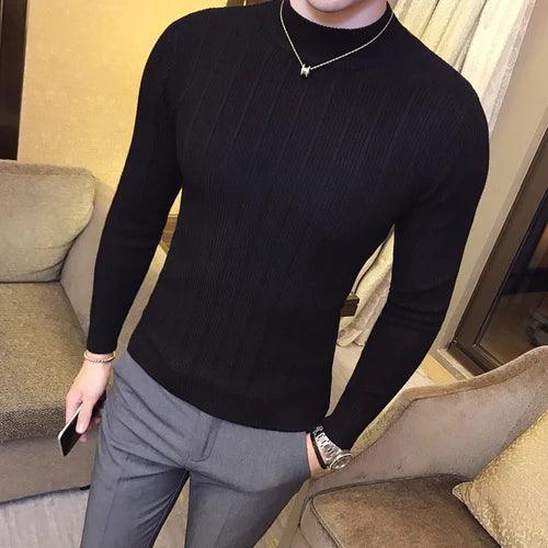 High Collar Striped Knit Pullover for Men - Casual Fashion - ClubOn