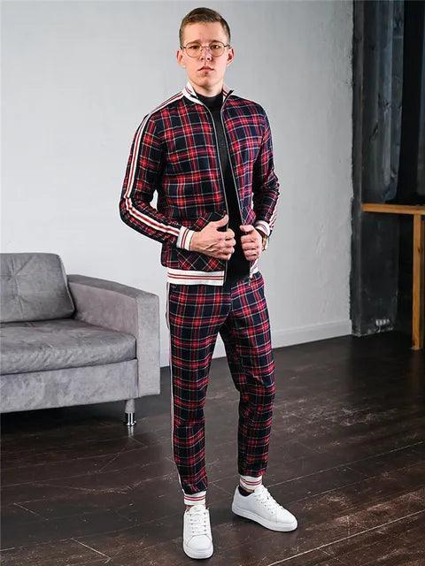Men's Checkered Sportwear Set - Zipper Lapel Cardigan & Pants - ClubOn