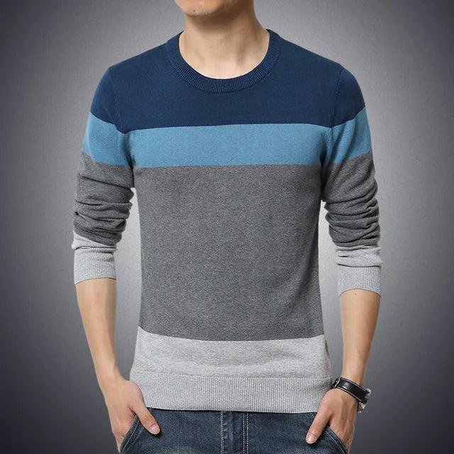 Casual Striped O-Neck Sweater for Men - Slim Fit Knitwear - ClubOn