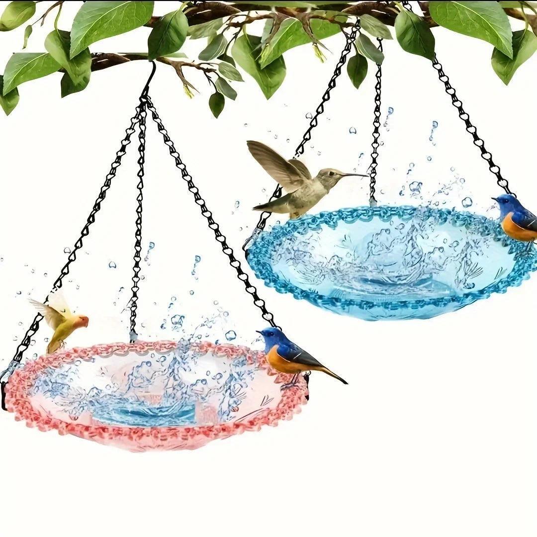 Hanging Bird Bath Feeder Set with Chain – Floral Design Outdoor Garden Decor - ClubOn