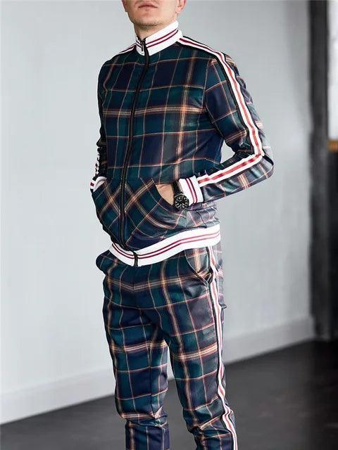 Men's Checkered Sportwear Set - Zipper Lapel Cardigan & Pants - ClubOn