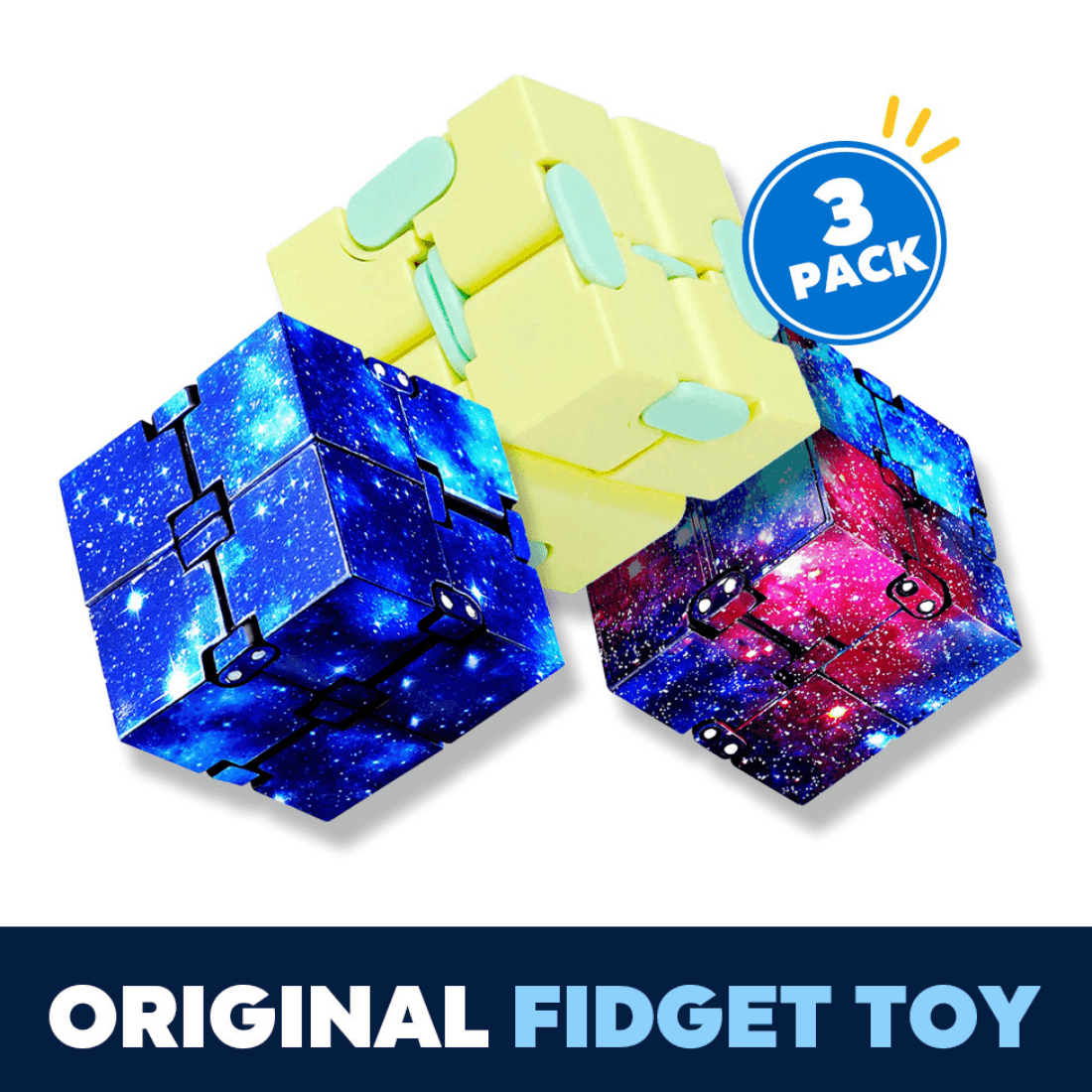 Infinity Cube 3 Pack Fidget Cube Toy – Stress & Anxiety Relief for Adults and Kids, Hand-Held Magic Puzzle Flip Fidgeting Finger Toys for ADD, ADHD, and Relaxation - ClubOn